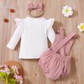 3pcs Baby Girl Solid Ribbed Ruffle Sleeve Top and Overall Shorts with Headband Set Pink image 5