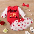 Valentine's Day 3pcs Baby Girl Letter Print Mesh Long-sleeve Romper and Love Heart Embroidered Tutu Skirt with Headband Set Red