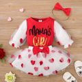Valentine's Day 3pcs Baby Girl Letter Print Mesh Long-sleeve Romper and Love Heart Embroidered Tutu Skirt with Headband Set Red