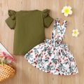 2-piece Toddler Girl Letter Print Ruffled Short-sleeve Tee and Floral Print Suspender Skirt Set Dark Green