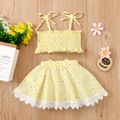 2pcs Baby Girl Floral Print Spaghetti Strap Shirred Crop Top and Bowknot Skirt Set Pale Yellow