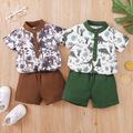 2pcs Baby Boy Allover Animal Print Button Up Short-sleeve Top and Solid Shorts Set Green