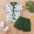 2pcs Baby Boy Allover Animal Print Button Up Short-sleeve Top and Solid Shorts Set Green