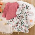 3pcs Baby Girl 95% Cotton Long-sleeve Knitted Top and Floral Print Ruffle-sleeve Dress with Headband Set Brick red