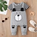 Baby Boy 95% Cotton Striped Short-sleeve Splicing Cartoon Bear Print Jumpsuit Grey