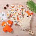 3pcs Baby Boy/Girl All Over Cartoon Fox Print Long-sleeve Romper and Corduroy Overall Shorts Set Multi-color