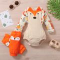 3pcs Baby Boy/Girl All Over Cartoon Fox Print Long-sleeve Romper and Corduroy Overall Shorts Set Multi-color