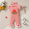 2pcs Baby Girl Fruit Print Ruffle Flutter-sleeve Bell Bottom Ribbed Jumpsuit with Headband Set Pink