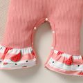 2pcs Baby Girl Fruit Print Ruffle Flutter-sleeve Bell Bottom Ribbed Jumpsuit with Headband Set Pink