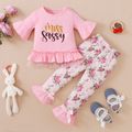 2pcs Baby Girl 95% Cotton Bell Sleeve Letter Print Ruffle Top and Floral Print Leggings Set Pink image 4