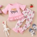 2pcs Baby Girl 95% Cotton Bell Sleeve Letter Print Ruffle Top and Floral Print Leggings Set Pink image 1