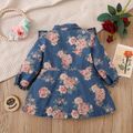 100% Cotton Baby Girl All Over Rose Floral Print Lapel Double Breasted Ruffle Trim Long-sleeve Denim Outwear Blue