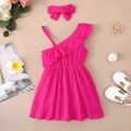 2pcs Toddler Girl 100% Cotton Solid Color Flounce One Shoulder Sleeveless Strap Dress and Headband Set Hot Pink