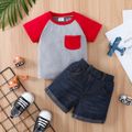 2pcs Baby Boy 100% Cotton Denim Shorts and Colorblock Raglan-sleeve T-shirt Set Red image 1