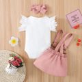 3pcs Baby Girl Lace Flutter-sleeve Ribbed Romper and Suspender Skirt with Headband Set Pink image 3