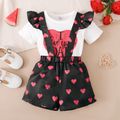 Father's Day 2pcs Toddler Girl Letter Heart Print Short-sleeve Tee and Ruffled Suspender Shorts Set White