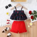 2pcs Baby Girl Allover Cherry Print Bowknot Design Cami Top and Ruffle Trim Shorts Set Red
