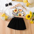 2pcs Baby Girl 100% Cotton Belted Button Front Denim Skirt and Allover Leopard & Sunflower Print Cami Top Set Black image 2