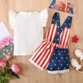 Independence Day 2pcs Toddler Girl Ribbed Flutter-sleeve White Tee and Overalls Shorts Set White