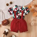 2pcs Baby Girl 100% Cotton Crepe Suspender Shorts and Allover Floral Print Puff-sleeve Shirt Set MultiColour