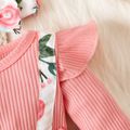 2pcs Baby Girl 95% Cotton Ribbed Ruffle Long-sleeve Faux-two Floral Print Romper with Headband Set Pink