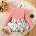 2pcs Baby Girl 95% Cotton Ribbed Ruffle Long-sleeve Faux-two Floral Print Romper with Headband Set Pink