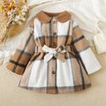 Toddler Girl Doll Collar Plaid Button Design Belted Thin Coats Khaki
