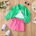 3pcs Toddler Girl White Camisole & Pink Shorts and Lapel Collar Green Long-sleeve Shirt Set Green
