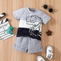 2pcs Baby Boy 100% Cotton Pinstriped Shorts and Dinosaur Print Colorblock Short-sleeve T-shirt Set Multi-color