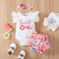 3pcs Baby Girl 95% Cotton Rib Knit Spliced Lace Flutter-sleeve Letter Print Romper and Allover Donut Print Ruffle Shorts with Headband Set White