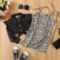 2pcs Toddler Girl Ruffled Lapel Collar Long-sleeve Desnim Cardigan Jacket and Leopard Print Slip Dress Set Black