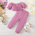 2pcs Toddler Girl Off Shoulder Short-sleeve Pink Tee and Elasticized Pocket Design Pants Set Purple image 2