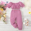 2pcs Toddler Girl Off Shoulder Short-sleeve Pink Tee and Elasticized Pocket Design Pants Set Purple image 1