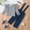 2pcs Toddler Girl Stripe Ruffled Long-sleeve Tee and Pocket Design Denim Overalls Set BlackandWhite image 2