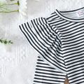 2pcs Toddler Girl Stripe Ruffled Long-sleeve Tee and Pocket Design Denim Overalls Set BlackandWhite