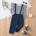 2pcs Toddler Girl Stripe Ruffled Long-sleeve Tee and Pocket Design Denim Overalls Set BlackandWhite image 1