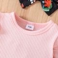 3pcs Baby Girl 95% Cotton Rib Knit Ruffle Trim Long-sleeve Romper and Bow Front Floral Print Suspender Shorts with Headband Set Pink