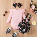 3pcs Baby Girl 95% Cotton Rib Knit Ruffle Trim Long-sleeve Romper and Bow Front Floral Print Suspender Shorts with Headband Set Pink
