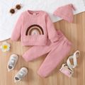 3pcs Baby Boy/Girl Rainbow Design Waffle Long-sleeve Sweatshirt and Pants with Hat Set Pink