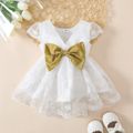 Baby Girl Bow Front V Neck Cap-sleeve Lace Party Dress White