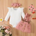 3pcs Baby Girl 95% Cotton Long-sleeve Lace Spliced Rib Knit Romper and Suspender Skirt with Headband Set Pink