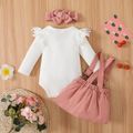 3pcs Baby Girl 95% Cotton Long-sleeve Lace Spliced Rib Knit Romper and Suspender Skirt with Headband Set Pink image 4