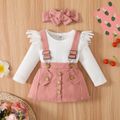 3pcs Baby Girl 95% Cotton Long-sleeve Lace Spliced Rib Knit Romper and Suspender Skirt with Headband Set Pink