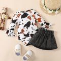2pcs Baby Girl Allover Print Bell Sleeve Romper and Ripped Denim Skirt Set Multi-color
