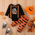 Halloween 3pcs Baby Boy/Girl 95% Cotton Long-sleeve Pumpkin & Letter Print Romper and Striped Pants with Hat Set Orange