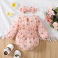 100% Cotton 2pcs Baby Girl Allover Floral Print Long-sleeve Shirred Romper with Headband Set Pink