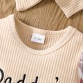 3pcs Baby Girl 95% Cotton Rib Knit Love Embroidered Mesh Long-sleeve Letter Design Romper and Flared Pants with Headband Set Apricot