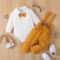 2pcs Baby Boy 95% Cotton Long-sleeve Bow Tie Decor Romper and Corduroy Overalls Set Yellow image 1