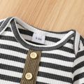 Baby 3pcs Ribbed Stripe Print Long-sleeve Romper and Waffle Overalls Set Dark Grey image 4