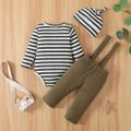 Baby 3pcs Ribbed Stripe Print Long-sleeve Romper and Waffle Overalls Set Dark Grey image 3